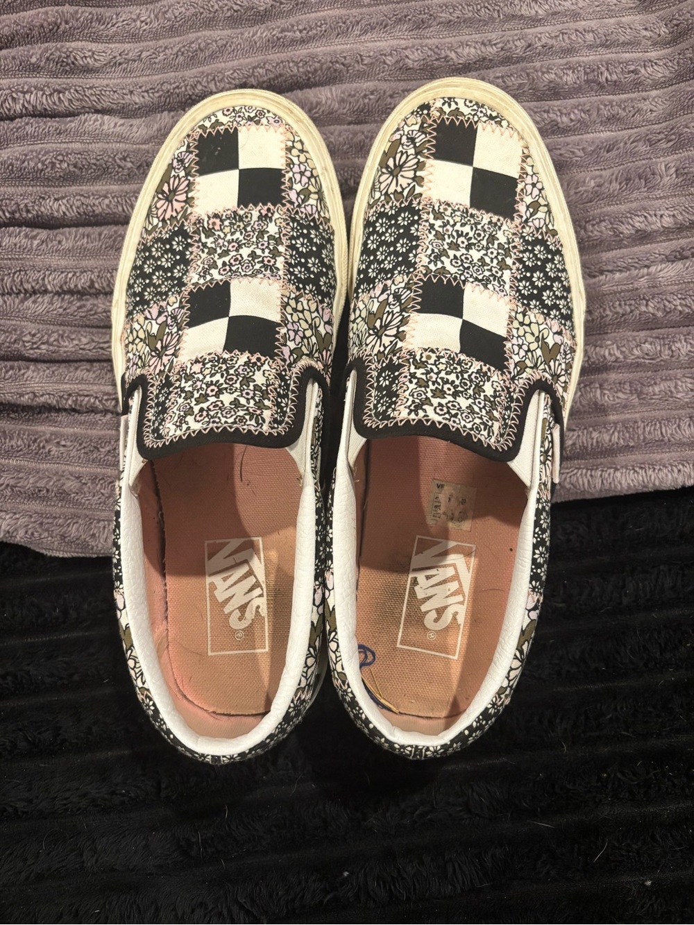 Vans Kids Checker & Floral Slip-On Sneakers in Black and Pink